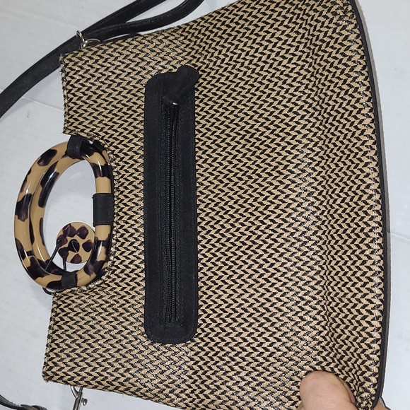 Handbags - Ladies pocketbook by MARLO, BLACK BEIGE, PLASTIC HANDLES, BLACK ADJUSTABLE STRAP